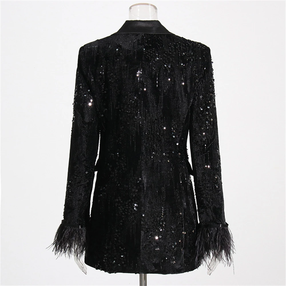 New Sequined Women Stylish Suit Jacket Long Sleeves with Feathers Double Breasted Fashionable Suit Blazer High-end