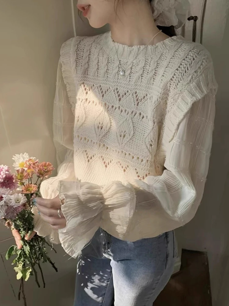 

Корейская круглая одежда Ne Lace Splicing Long Sve irt, женская одежда Ele Aosphere, маленький дизайн, осеннее новое поступление