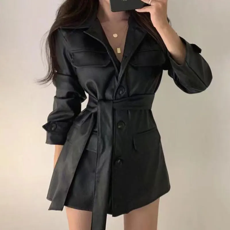 Sli Retro Deep Brown PU Leather Jaet Belted Mid-Length Biker Coat Women's Faionable Outerwear Commute Loose Fit Long ...