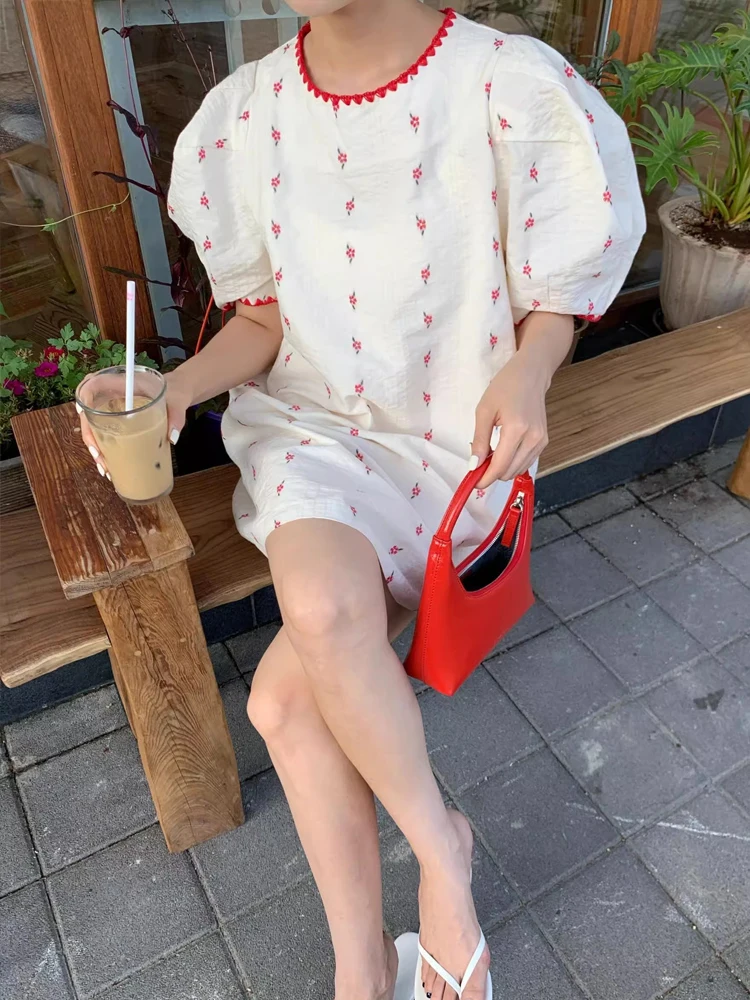 여름 시크 버블 슬리브 드레스 여성용 짧은 A라인 스커트 라운드 넥 스트라이프 스플라이싱 루즈 웨이스트 한국 스타일 봄 가을