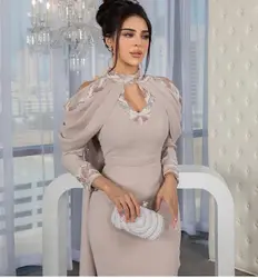 Vestidos de noite femininos com decote V até o chão, vestido formal Halter, mangas compridas, vestidos de baile de prom da Arábia Saudita