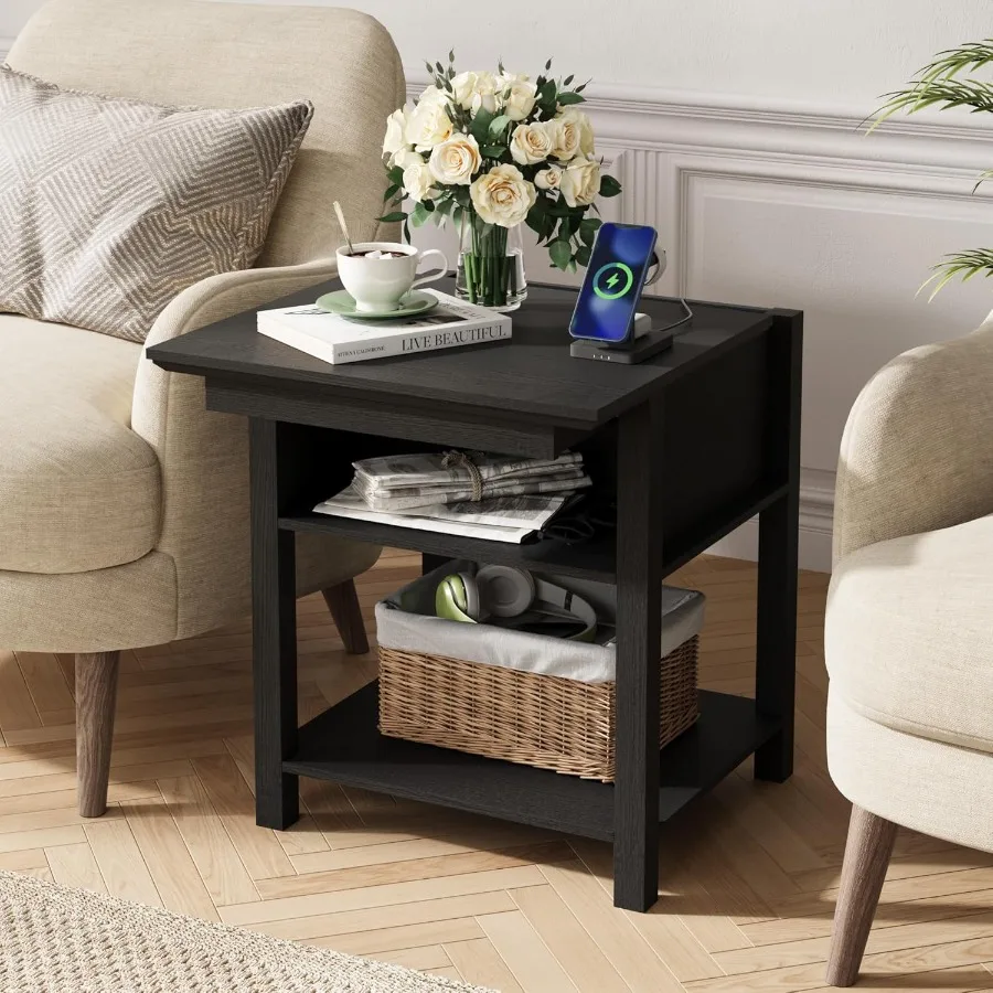 طاولة جانبية منزلقة مع محطة شحن، طاولة جانبية للتخزين بطبقتين، منضدة خشبية لغرفة النوم وغرفة المعيشة باللون الأسود