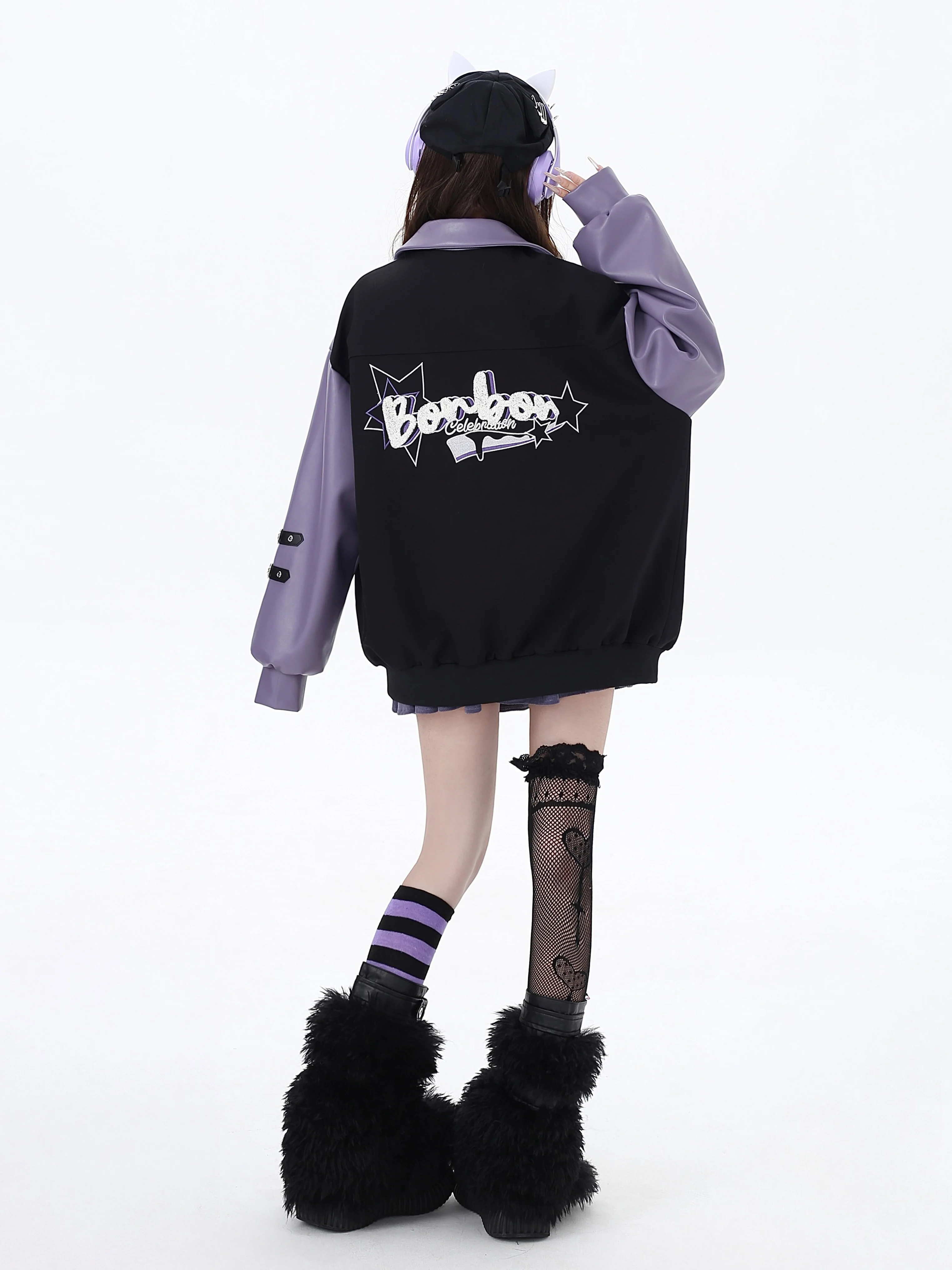 Subculture Black and Purple Embroidered Patchwork Color-Block Heart Baseball Jacket for Women PU Leather Long Sleeve Jackets
