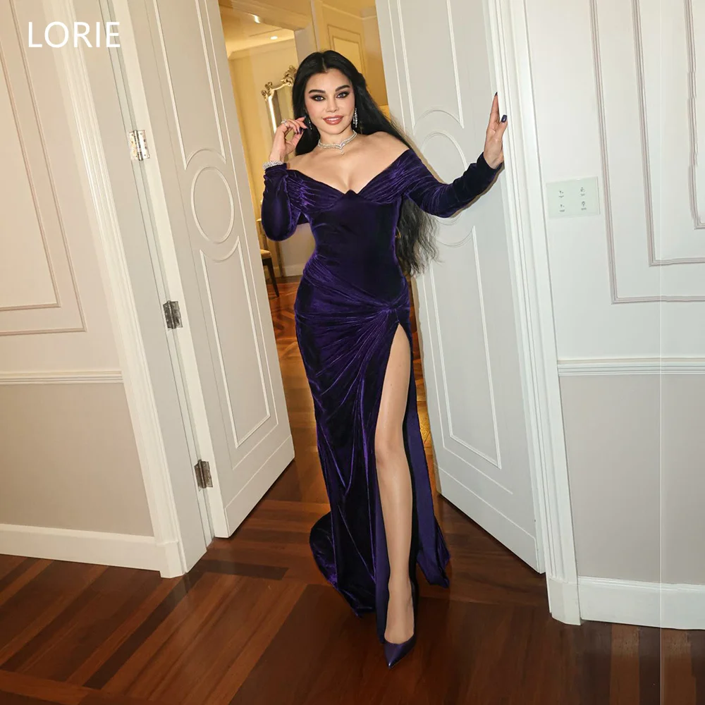 

LORIE Elegant Purple Party Dresses Velvet Off The Shoulder Side Slit Evening Prom Dress Pleats Mermaid Prom Gown Customized