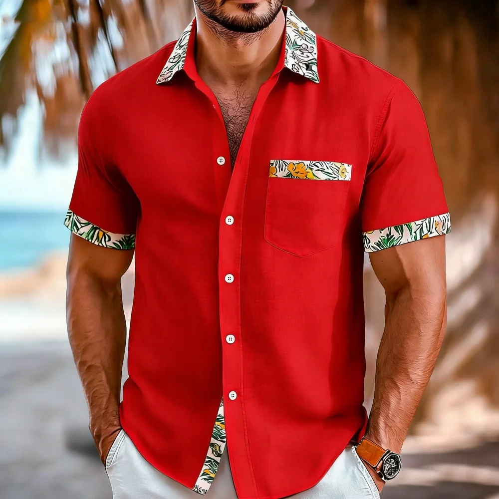 

Men's plus Size Short Sleeve Lapel Shirt with Patchwork Pocket 10 Color Printed Fashionable Designer Comfortable Shirt
