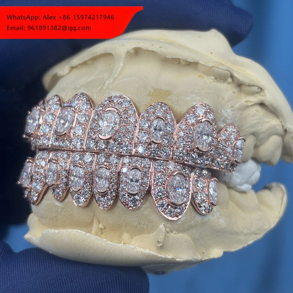 

Custom Men Women Top Bottom 8 S925 Silver VVS Oval Moissanite Diamond Grillz 10K 14K 18K Solid Gold Straight Cut Teeth Grillz