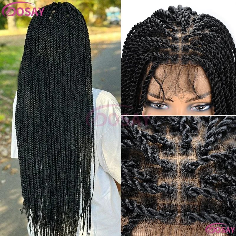 باروكة سنغالية سوداء اللون، باروكة صناعية بدانتيل أمامي للنساء، ضفائر صندوقية بدون عقد مع شعر أطفال