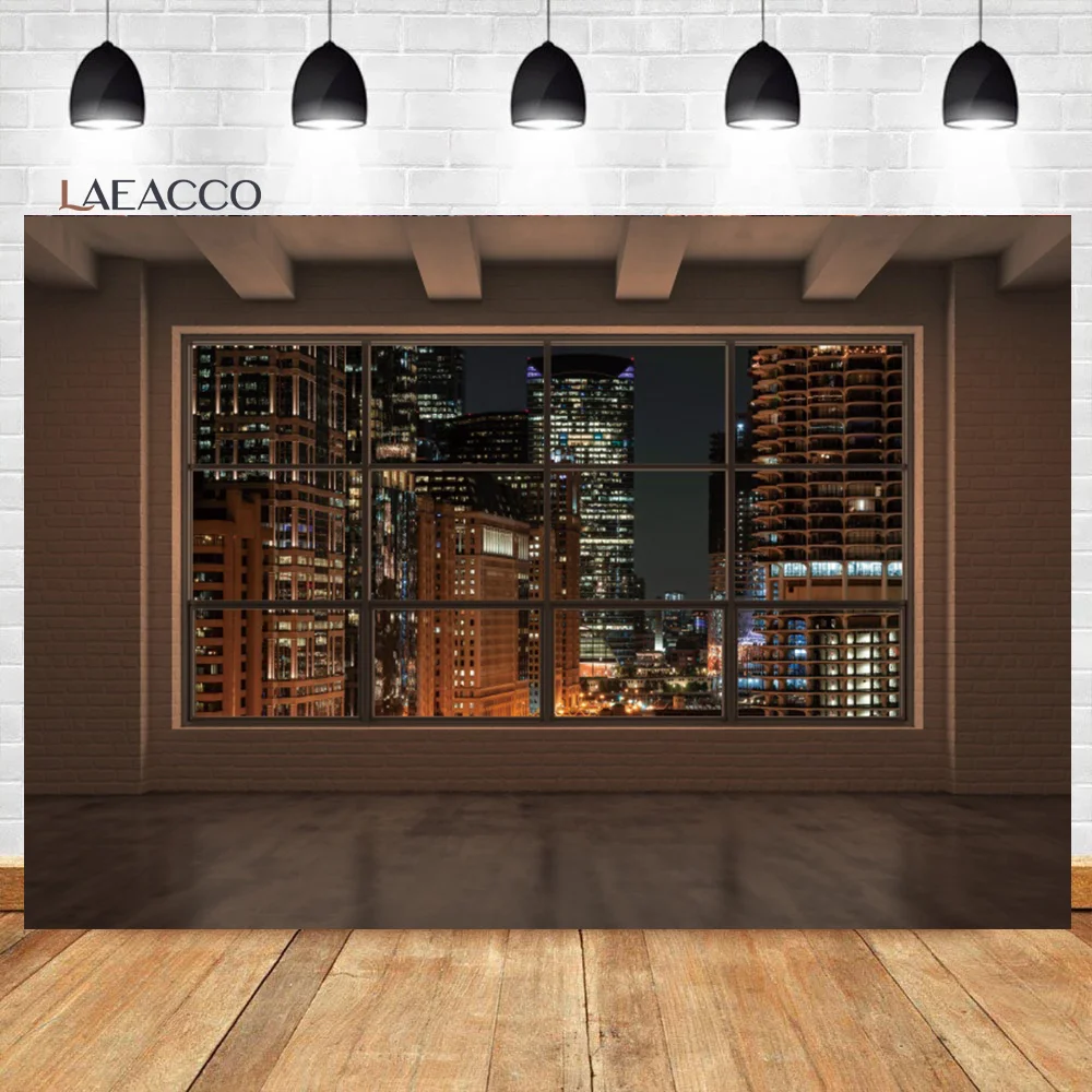 Laeacco Night Window City View Business Photo Backdrop Skyscraper Business Office Room Adults Portrait Photograohy Background