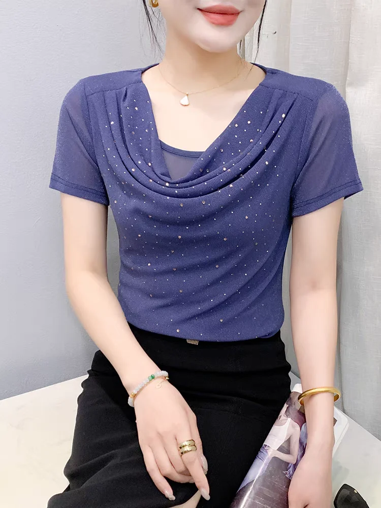 2025 Summer New Women's Rhinestone T-Shirt Elegant Draped Neckline Mesh Slimming Blouse Casual Short Sleeve Trendy Top