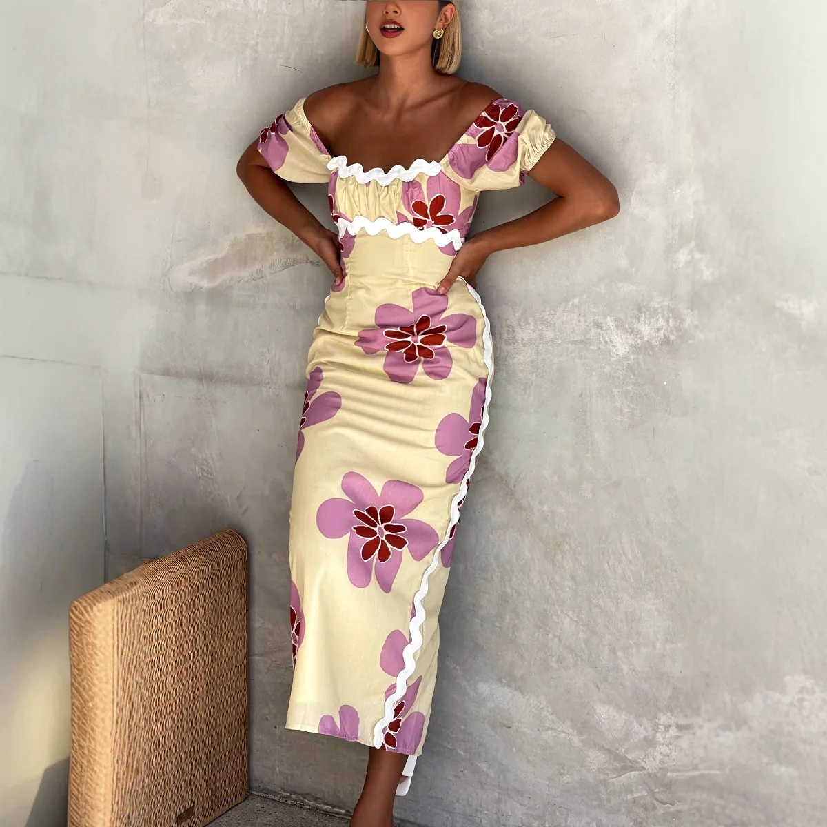 

Fashionable Slit Vacation Sexy Off-shoulder Slim And Elegant Evening Printed A-line Dress Elegant Short-sleeved Party Dress