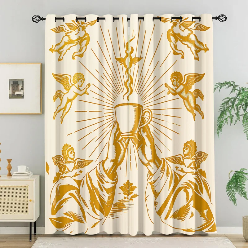 Fashion Sacred Coffee Window Curtain Golden Sunburst Angel Hands Holding Coffee Cup Print Drapes Retro Curtains For Home Decor