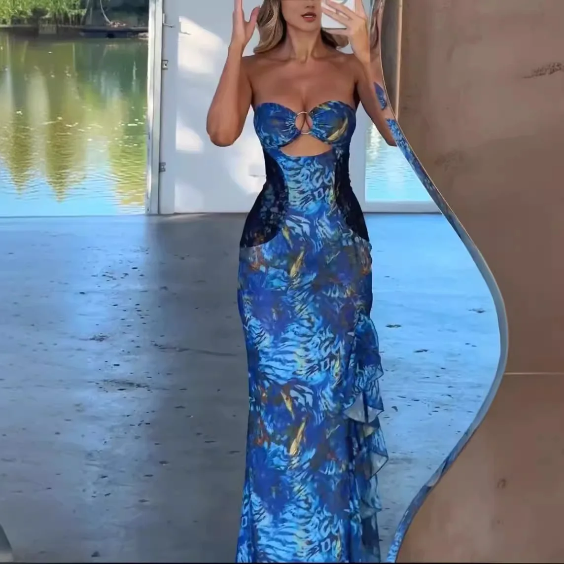 

European and American Russia Hot-Selling Floral-Print Pleated Sling Dress Sexy
