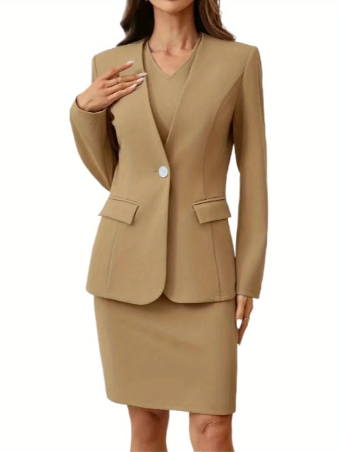 Vrouwen Elegant Office Lady V-hals Jurk Past Pure Kleur Mouwloze Kokerjurk Professionele Casual Pak Set Lente Herfst