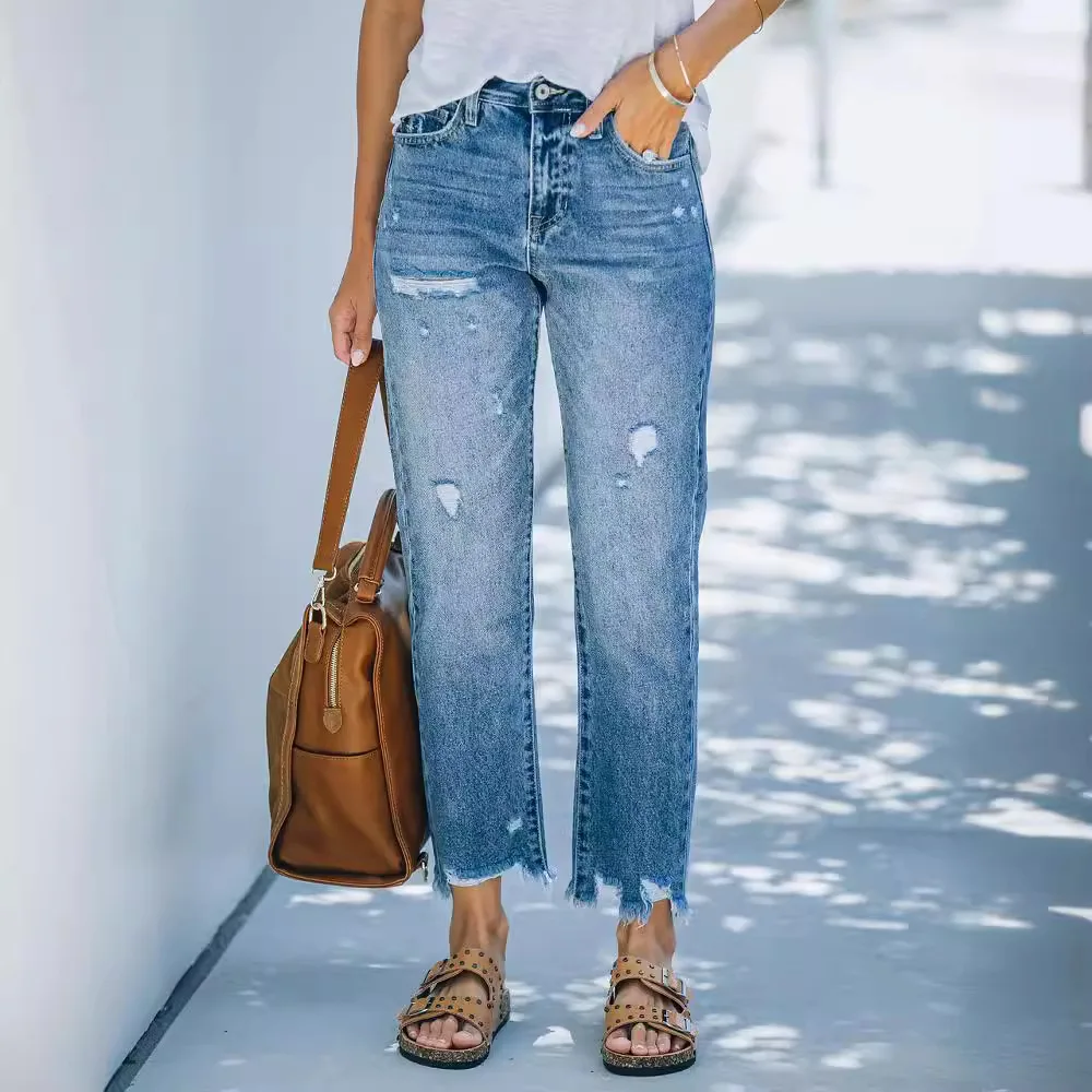 Denim gerade knöchel lange Hosen Frauen Jean gewaschenes Loch zerrissene Jeans locker sitzen feste Taschen hohe Taille lässig verzweifelt