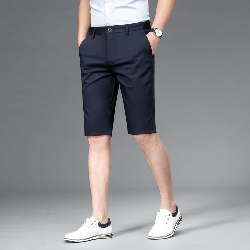 Summer Leisure Cotton Elastic Shorts for Men\'s 2024 New Over the Knee Middle Pants with Straight Sleeve Business Split Pants for