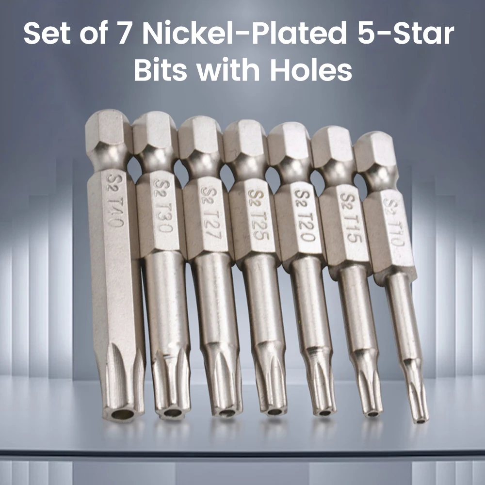 Set of 7 Nickel-Plated 5-Star Bits with Holes 50mm Long Star Bit Screwdriver Bits Made of S2 Material Tamper-Resistant Star Bits