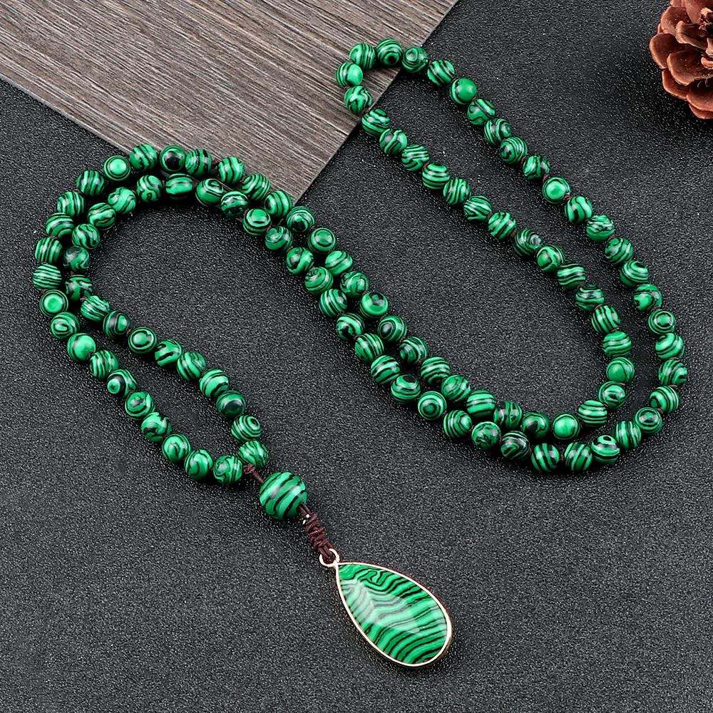 108 Mala Beads Necklaces Fashion Stone Drop Pendant Green Malachite Handmade Knotted Necklace for Women Men Prayer Neck Jewelry