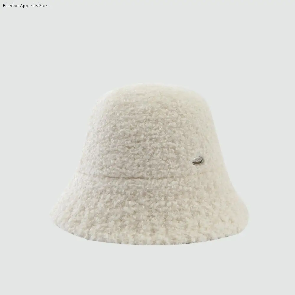 

Wide Brimmed Plush Fisherman Caps Retro Vintage Keep Warm Women's Bucket Hat Casual Solid Color Warm Basin Hat Autumn Winter