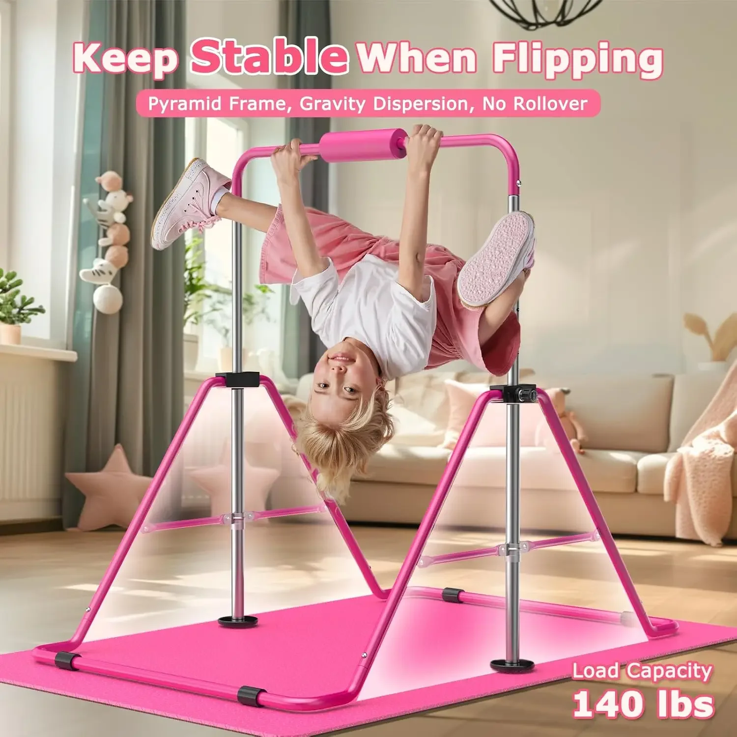 Gymnastics Bar for Kids,Adjustable Height Gymnastic Horizontal Bars,Folding Gymnastic Junior Training Kip Bar for Home, Pink