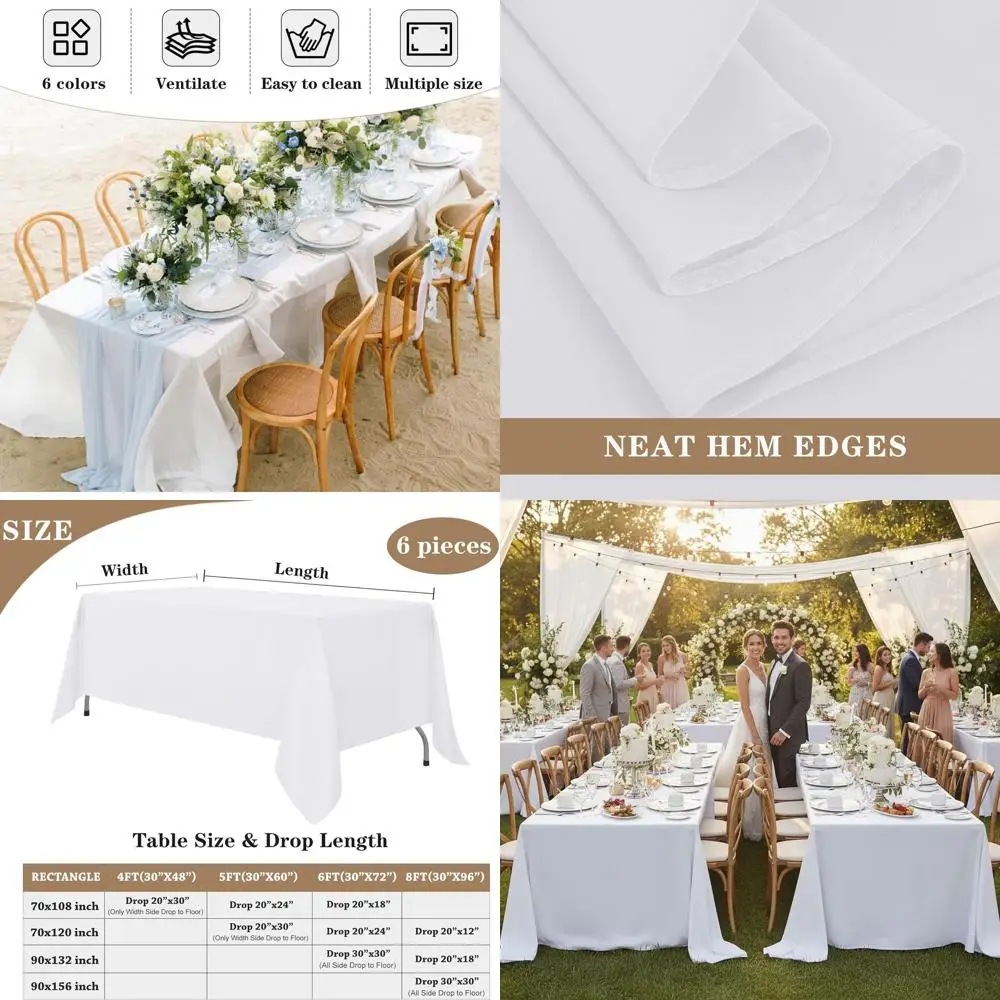 

Rectangular Table Linens Set of 6, 70x120 Inches, Polyester, Reusable & Washable, Suitable for 6-8ft Tables, Ideal for Weddings,