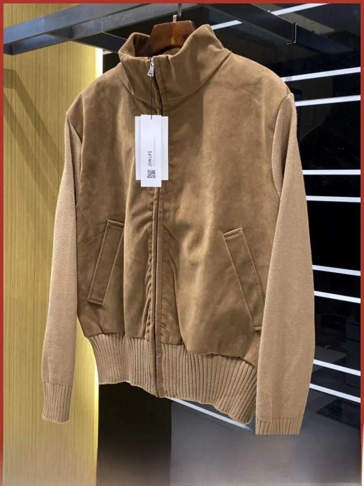 

Мужская вязаная замшевая куртка в стиле ретро с воротником-стойкой, ветрозащитная повседневная верхняя одежда, подставка с деталями, полная застежка-молния све