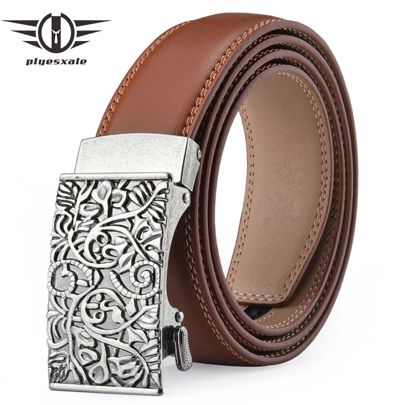 

Plyesxale Genuine Leather Belt for Men Automatic Buckle Luxury Brand Cowskin Men's Belt Casual Formal Men Belt Black Brown B708