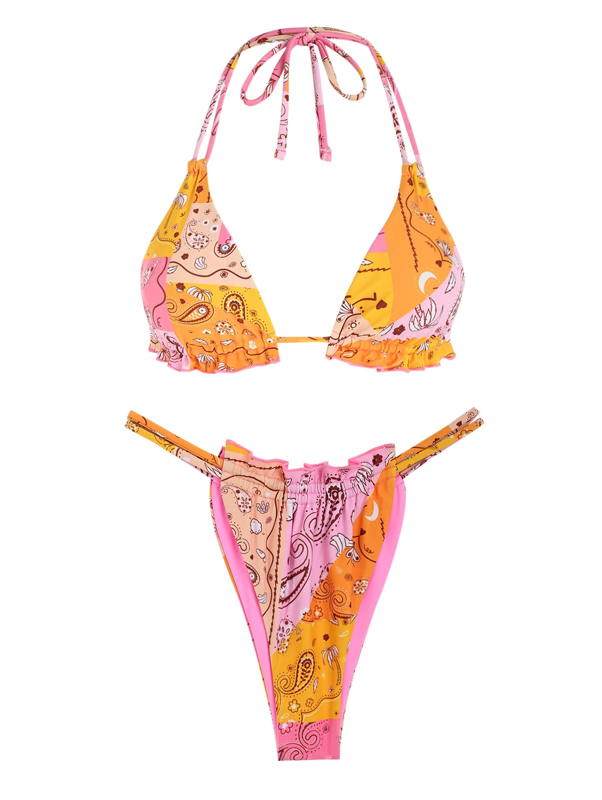 ZAFUL Damen-Badeanzüge, Trägerhalter, ethnischer Paisley-Druck, wendbarer Lendenschurz, gerüschte Triangel-Bikini-Badebekleidung