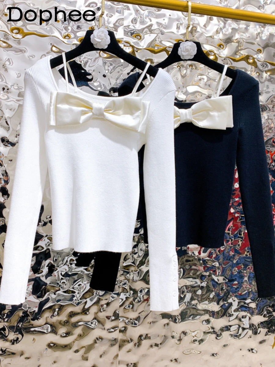 

Temperament Square Collar Contrast Color Bow Slimming Black Sweater Women's Korean Fashion Autumn New Pullover Sweater Top Lady