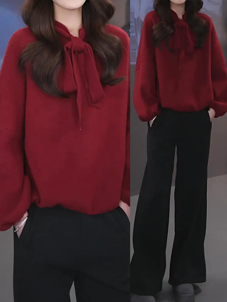 

Korean Sle Pure Color Knitted Sweater Women's Winter New Simple Loose Slimming Casual Top Trendy Knot Design