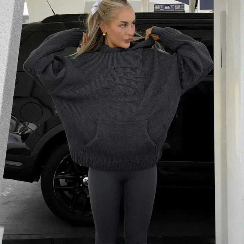 

Y2K Ретро S Вязаная толстовка с буквенным принтом Свободный повседневный пуловер для женщин и подростков, уличная одежда для кампуса Уютный осенний наряд Подарок на Хэллоуин