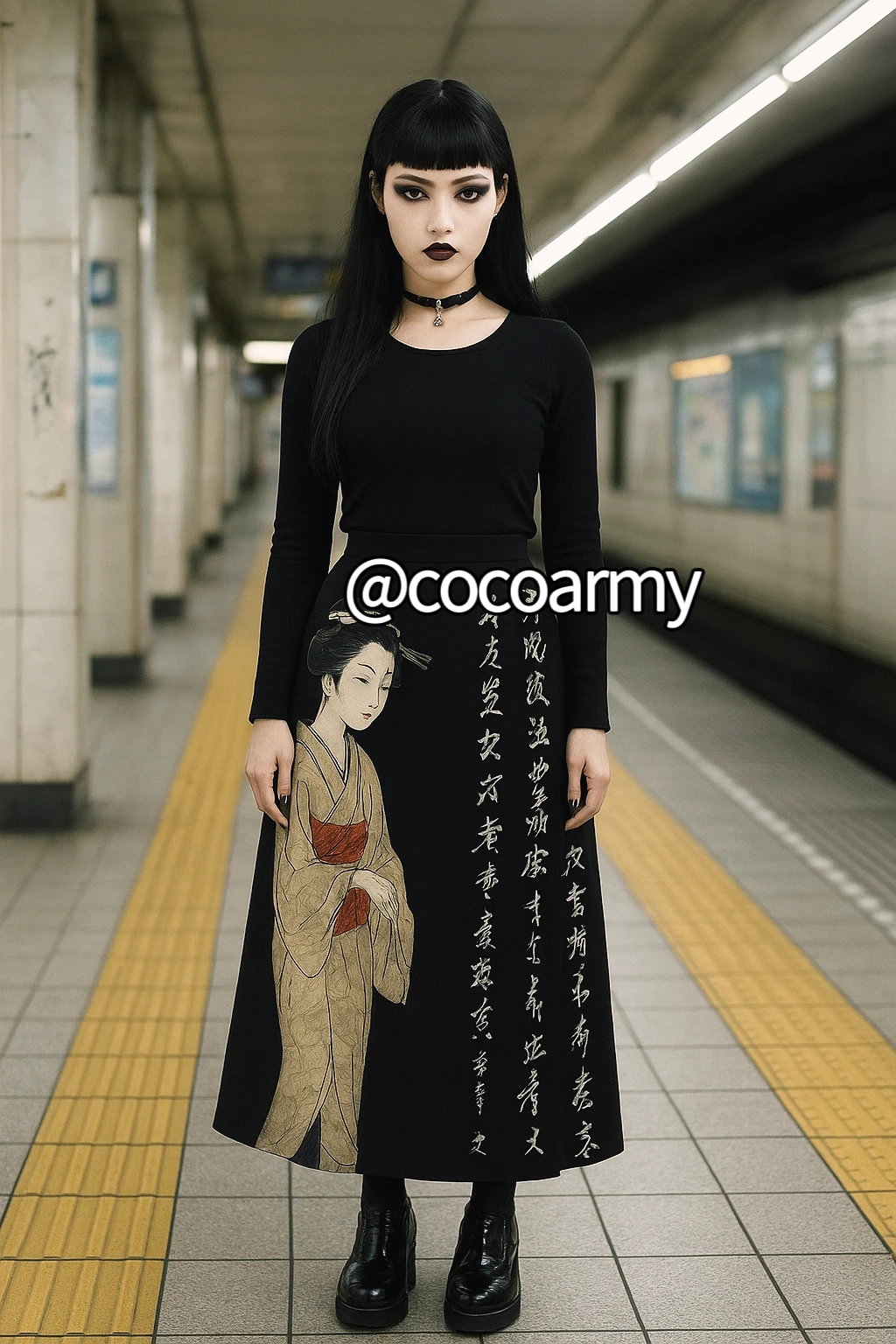 

Japanese Ukiyo-e Print Skirt Women Gothic High Waist A-Line Long Skirt Vintage Streetwear Slim Fit Maxi Skirts(waistband black)