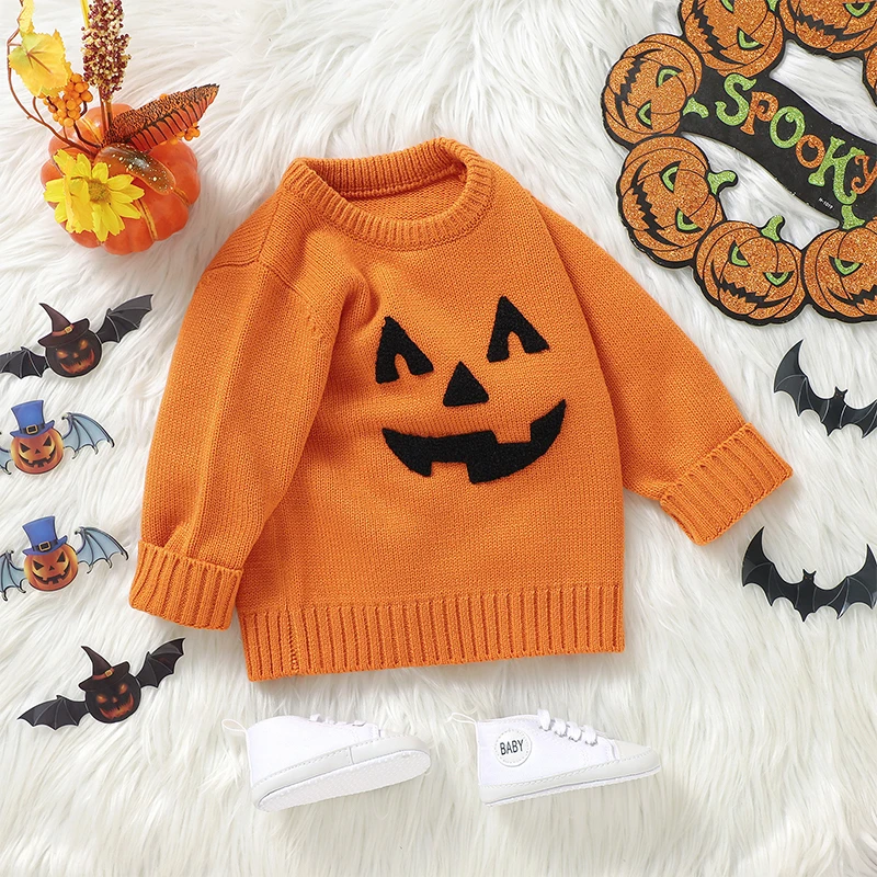 Suefunskry Toddler Boys Girls Halloween Sweaters Witch Pumpkin Long Sleeve Round Neck Knitted Pullover Tops for Fall Winter