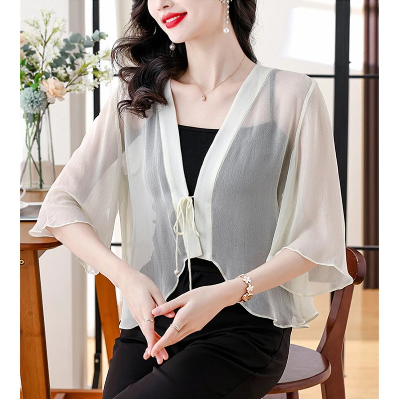 Women Fashion Chiffon Outwear Crop Tops Cardigan Sun Protection Shawl Chinese Style Short Jacket Overwear Party White Green