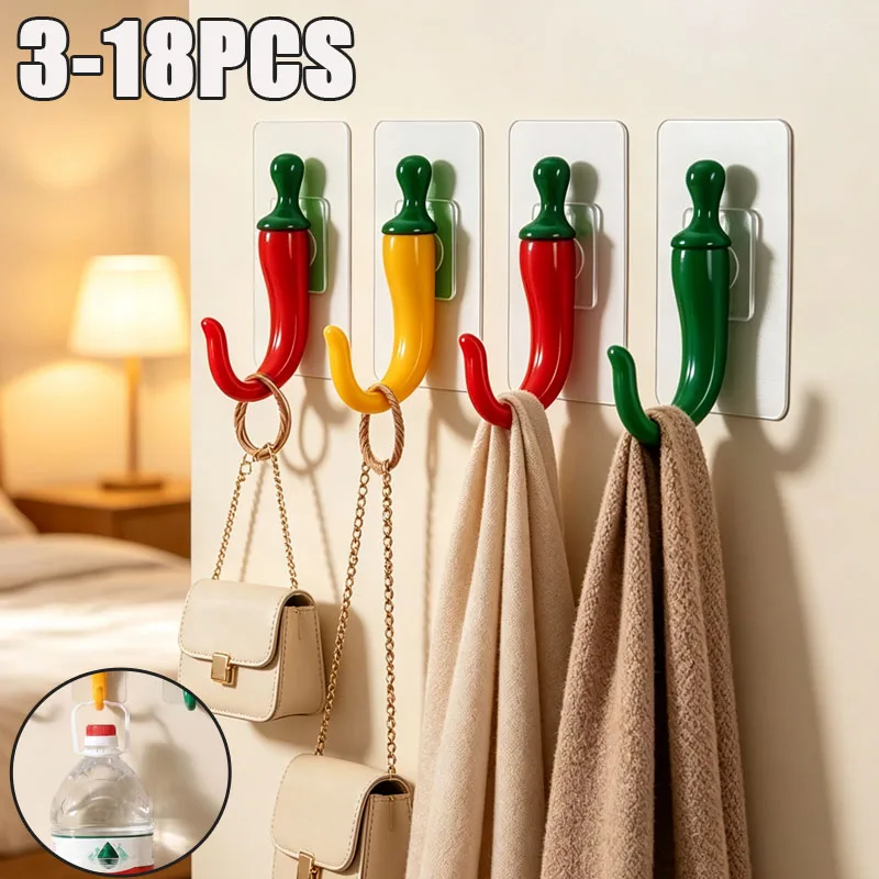 3-18PCS Chili Pepper Wall Hooks No Drill Self Adhesive Hooks Kitchen Storage Hooks for Home Wall Hanging Organization