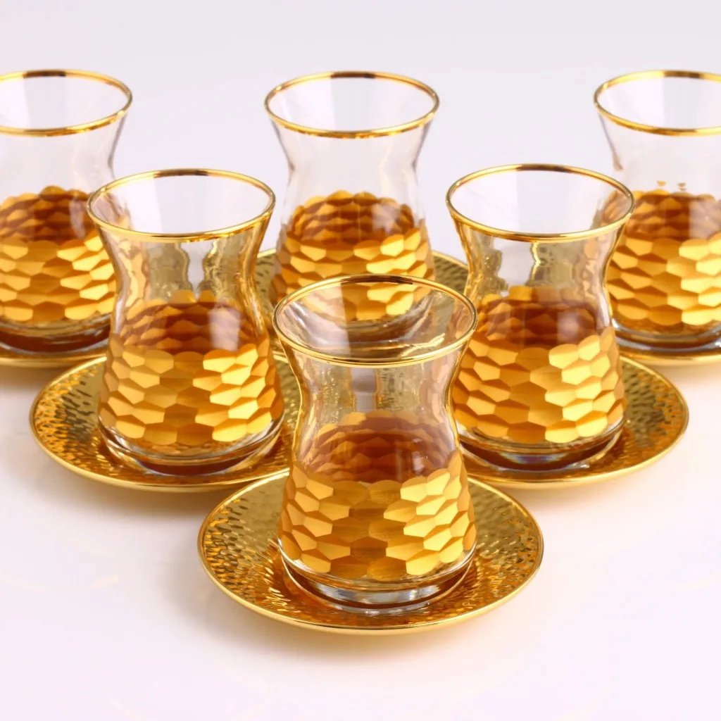 LaModaHome Turkish Arabic Tea Glasses Set of, Fancy Vintage Handmade Set for Serving, Teatime, new Home Wedding Gift Fortress Gold Col