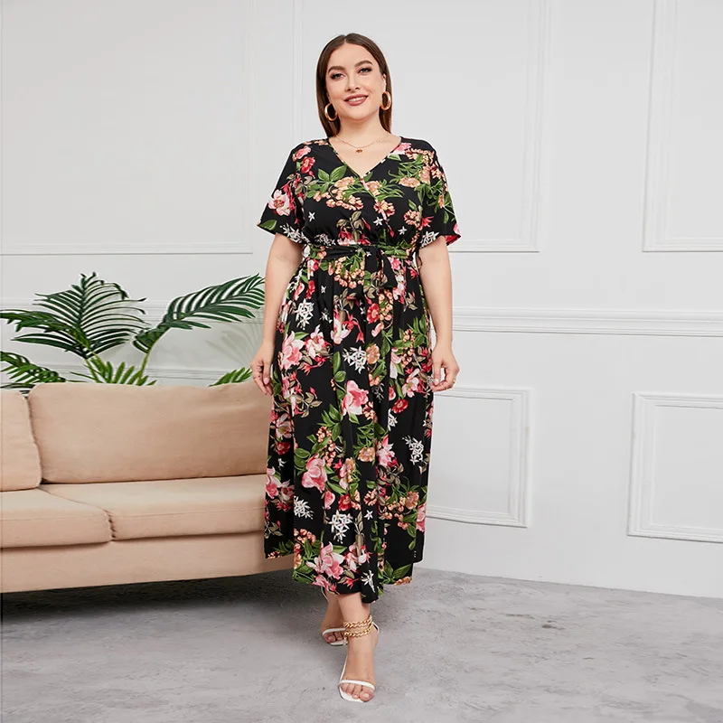 Plus Size V-hals Bloemenprint Boho Jurk Dames Zomer Korte Mouw Maxi Jurken Vakantie A-lijn Vrouwelijke Gordel Zwart Sexy Wit