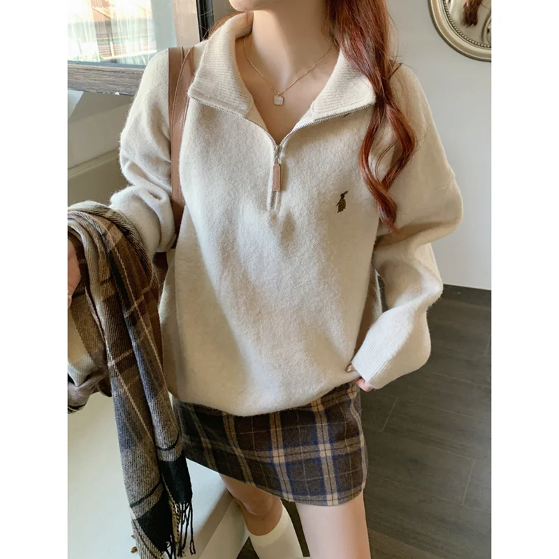 Women\'s Autumn and Winter New Style Vintage Recreational Half Zipper Solid Color Drawstring Sweater Fashion Temperament Blouse