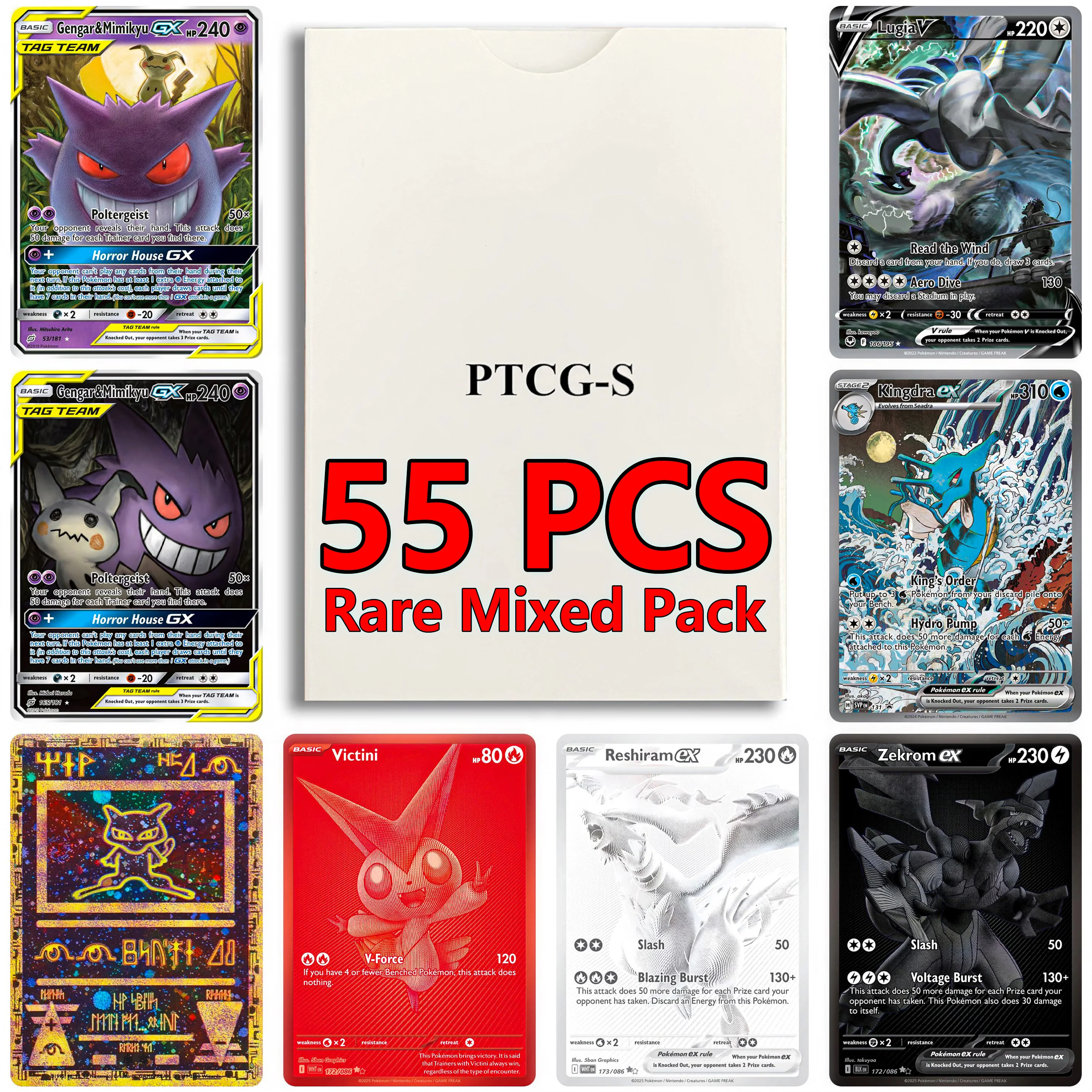 ptcg-55pcs-rare-mixed-trading-cards-box-tag-team-gx-v-ex-shiny-holo-gengar-mimikyu-lugia-kingdra-tcg-proxy-collection-cards