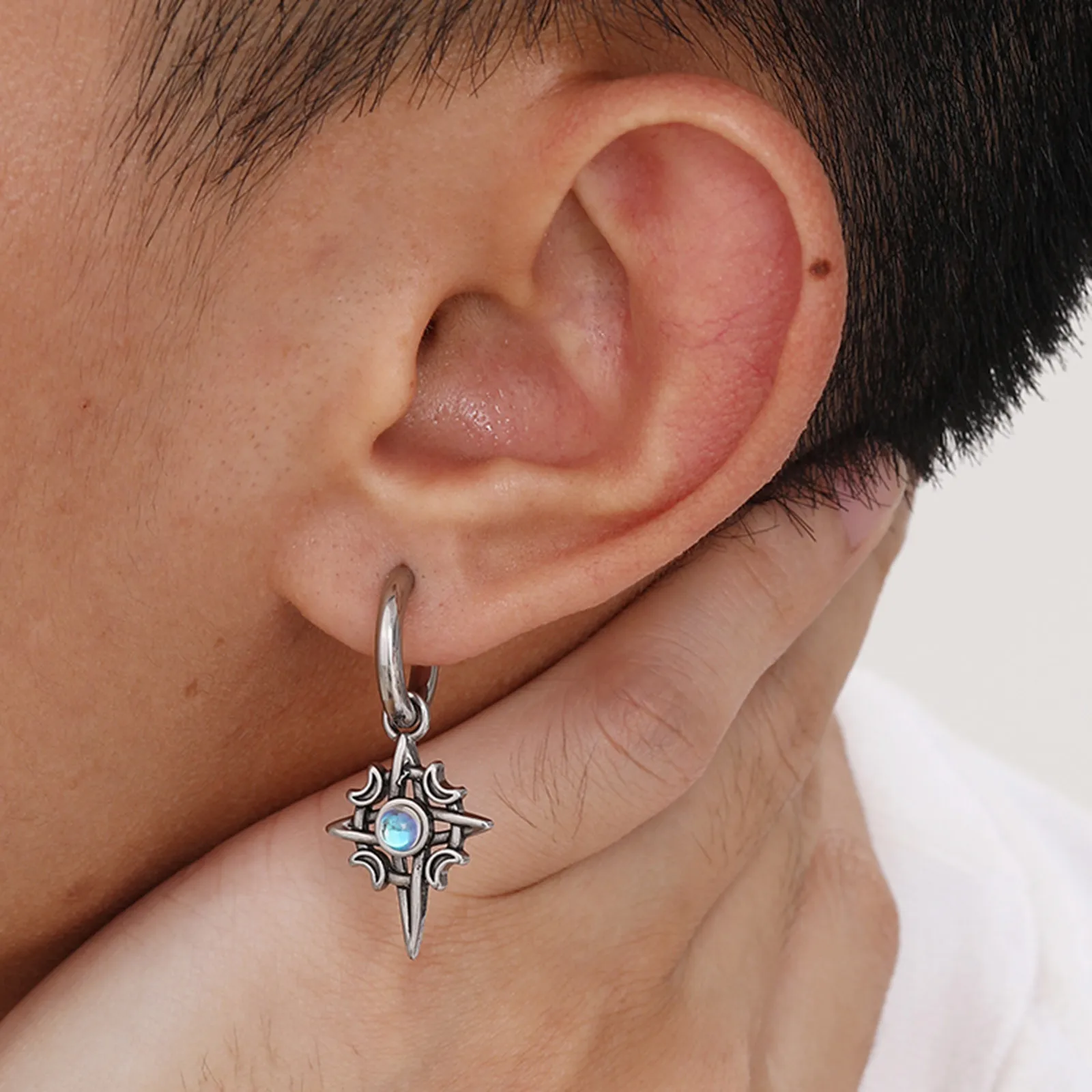 Vnox Vintage Star Moon Stone Earrings for Men Women, Hypoallergenic Stainless Steel Hoop Earrings Gift