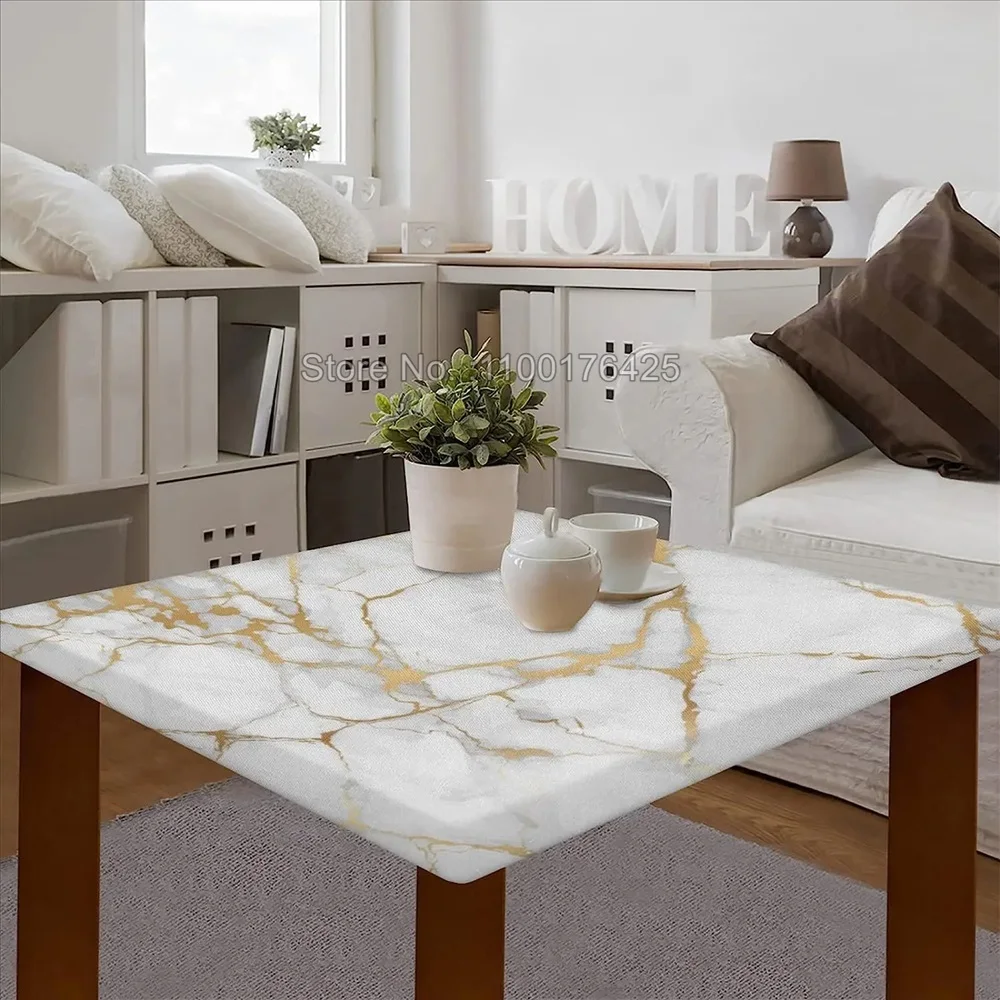 Marble Fitted Square Tablecloth with Elastic Edges Modern Art Waterproof Table Cover Polyester Table Clothes for Kitchen Dining