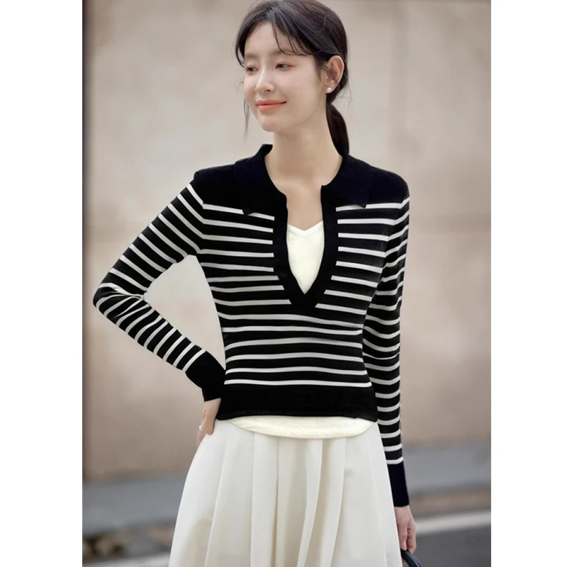 Sueter Feminino Turn Down Collar Striped Knitted Sweater Women Pullovers New Long Sleeve Knit Sweater Pullover Women Tops Q2113