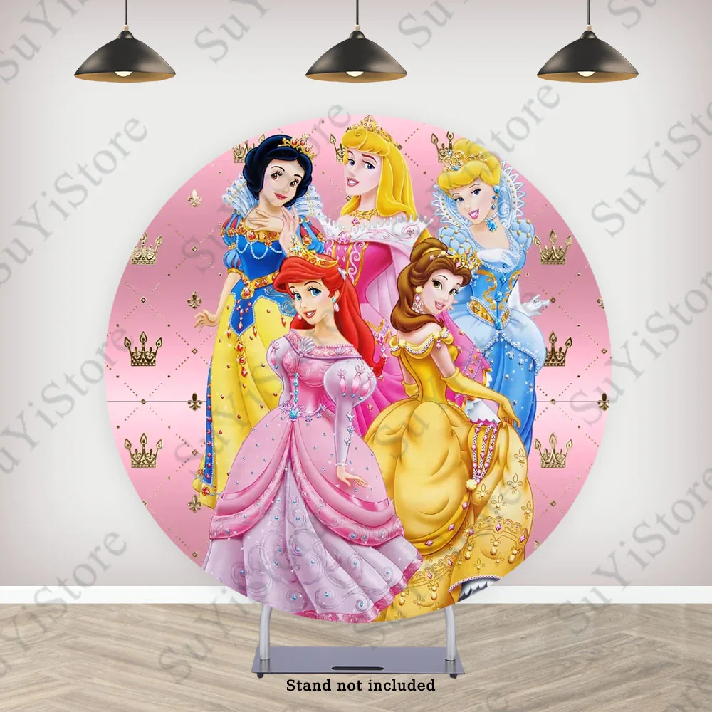 Disney Princess Round Photo Backdrop Cover For Girls Birthday Cinderella With Crown Circle Photography Background Plinth Covers