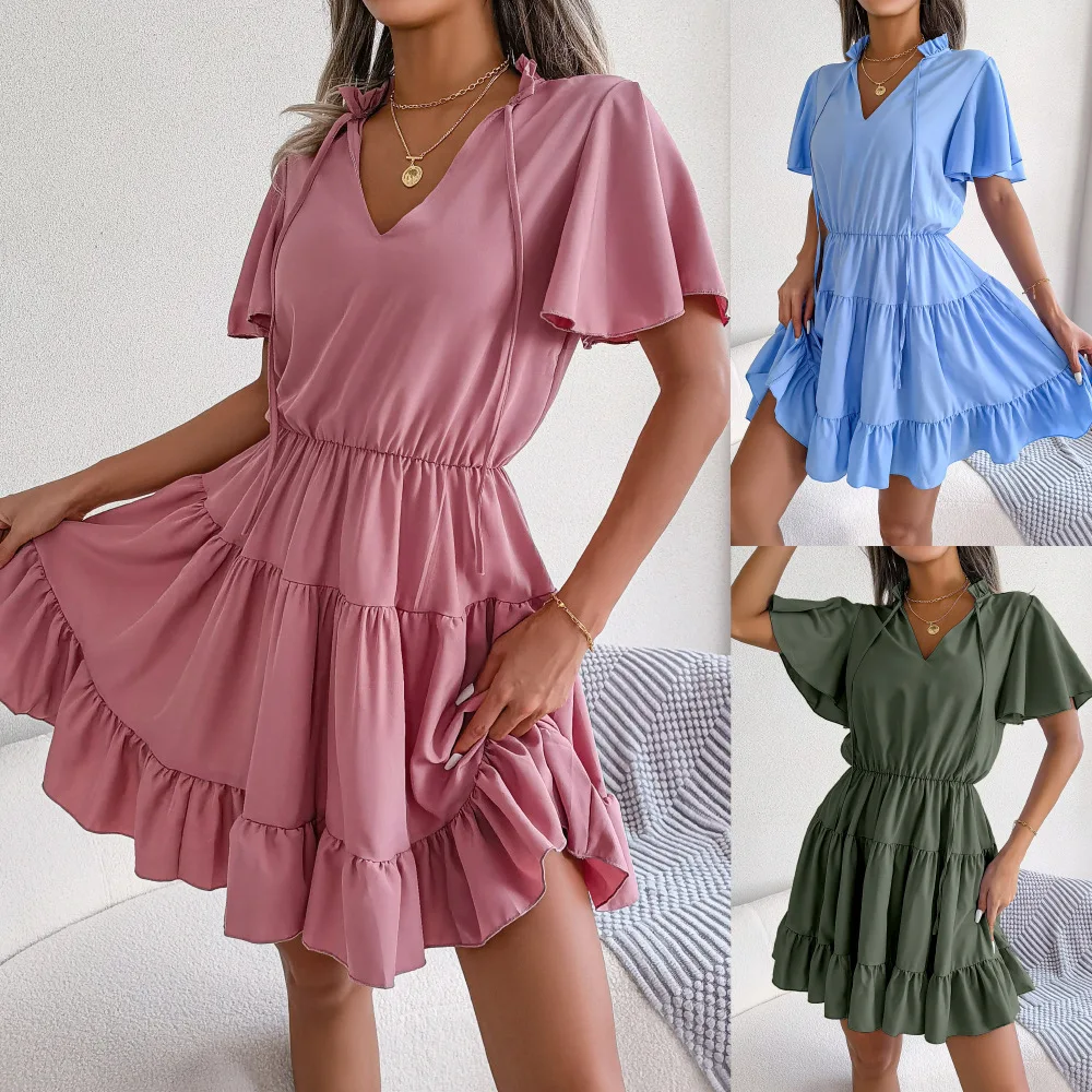 

2024 New Fashion Women Summer Causual V Neck Ruffles Short Sleeve Mini Dress Boho Solid Beach Sundress Oversized Loose Dress