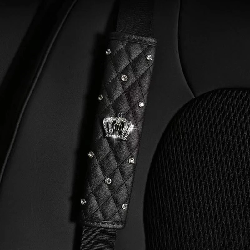 Car Seat Belt Cover Leather Seat Belt Shoulder Pad Crown Crystal Rhinestones Diamond Shifter Gear Cover Hand Brake Covers Sets