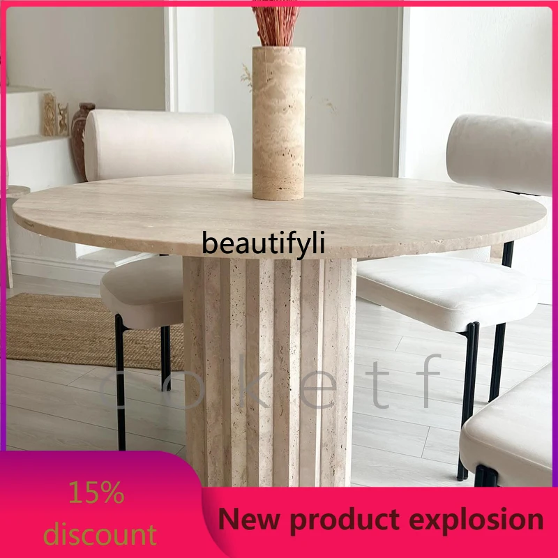 

Q132 French designer natural Roman travertine marble dining table creative wabi wind home round table