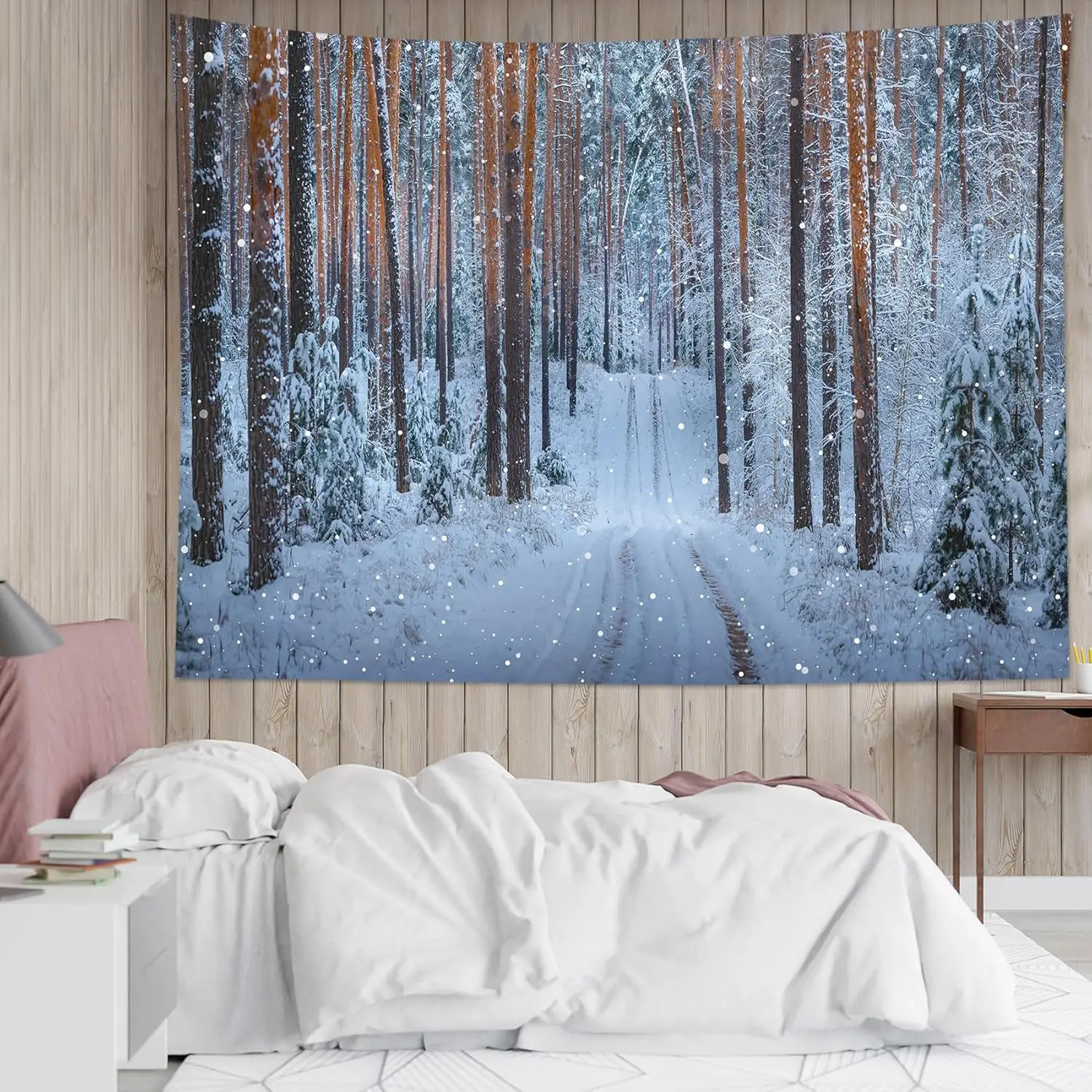Winter Forest Christmas Tapestry, Snowflake with Xmas Brown and Green Pine Tree Wall Tapestry for Bedroom, Winter Snow Scene