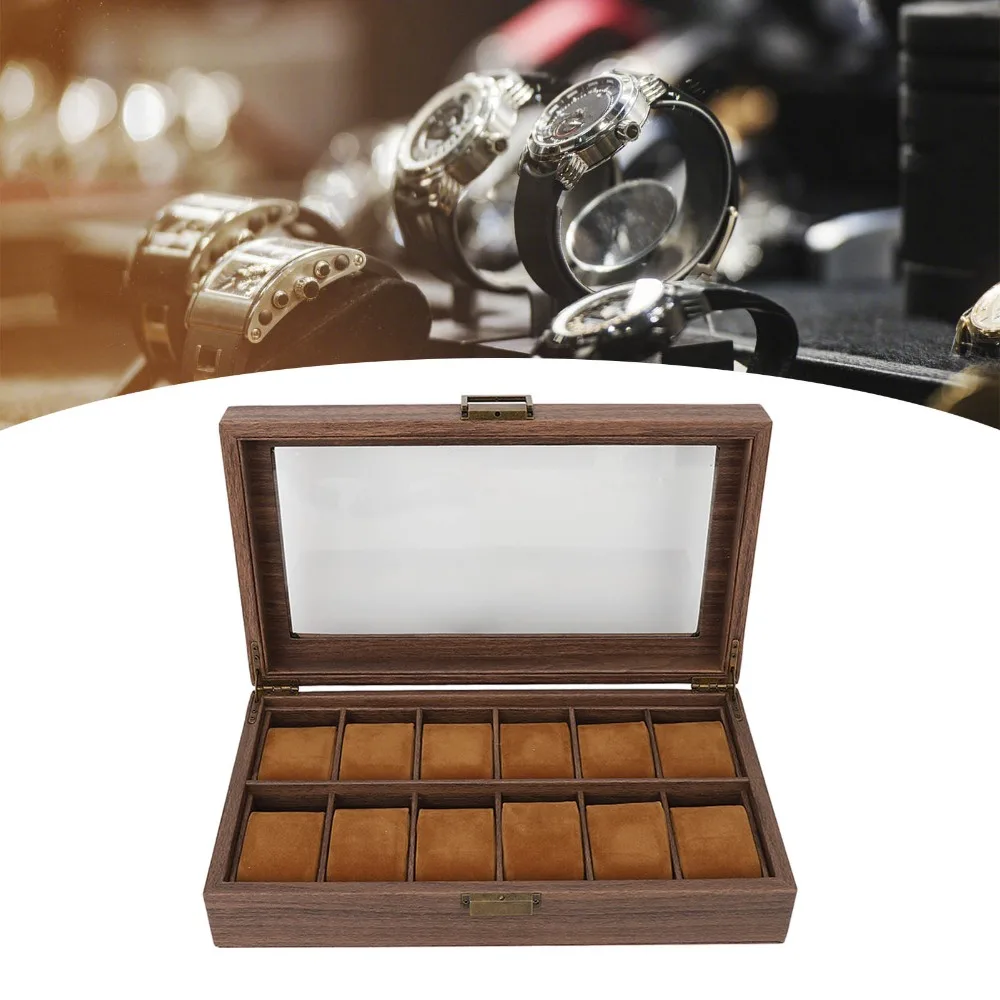 

Практичная коробка для часов из орехового дерева на 12 слотов, прозрачный пылезащитный футляр для хранения, ежедневный органайзер