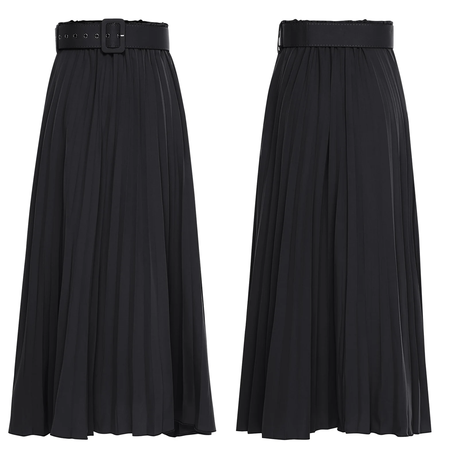 Elegant Womens Solid Color Pleated Skirt with Belt Elastic High Waist Maxi Skirt Swing A-Line Skirt Fashion Casual Formal Skirts