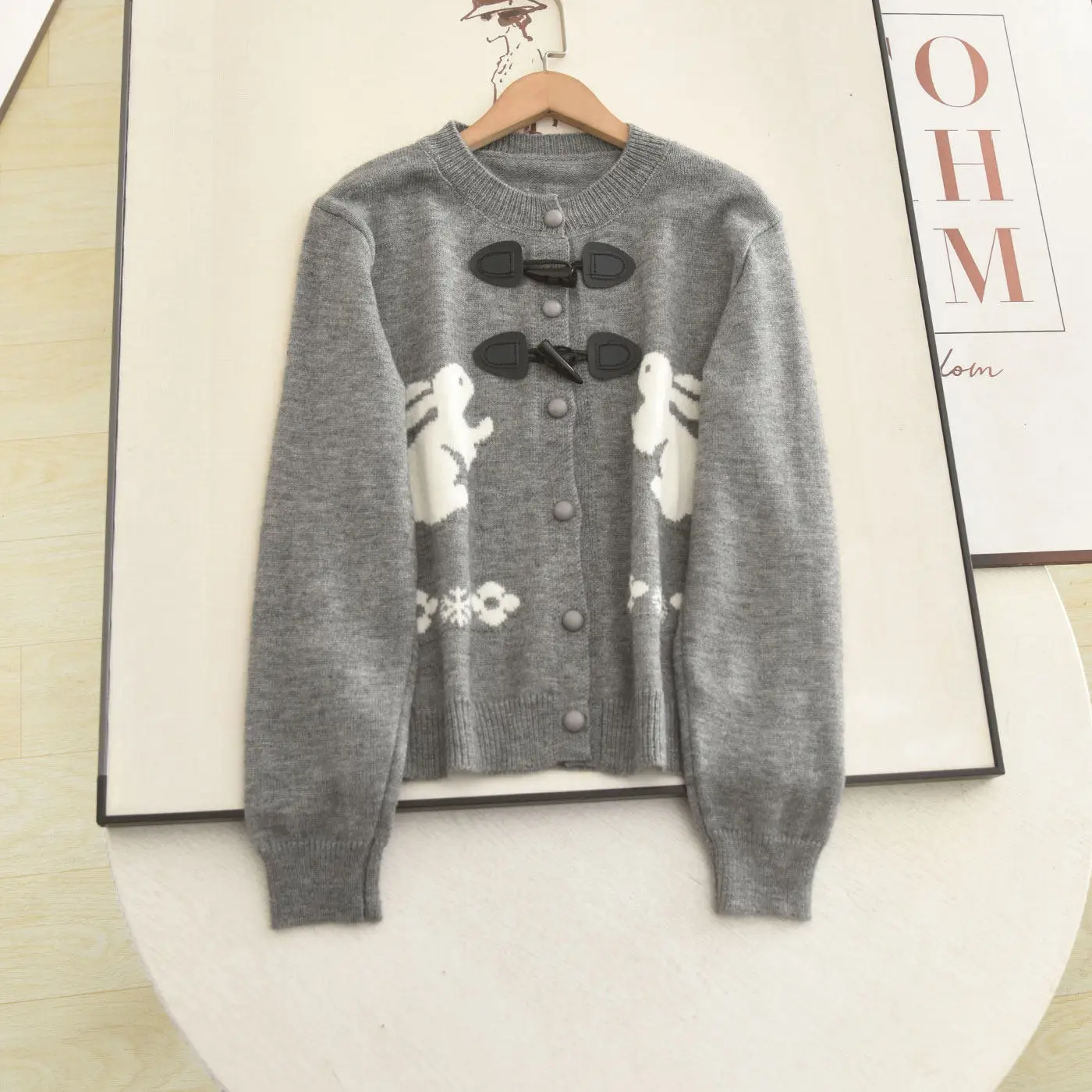 Women Sweet Grey Rabbit Floral Print Knit Cardigan Round Neck Horn Toggle Button Long Sleeve Cute Casual Knitted Sweater Coat