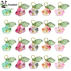 Pandahall 50Pcs 5 Colors Trumpet Charms Colorful Glass Flower Charms with Green Leaf Trumpet Flower Charms for Jewelry Making